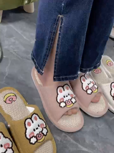 <factory direct>Bear Rabbit Linen Couple Slippers Home Indoor Wooden Floor Slippers For Women And Mens