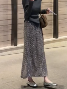 Fashionable Heavy Embellishment Sequin Midi Skirt Early Autumn New High Waist Slimming Drapey Long Womens Skirts