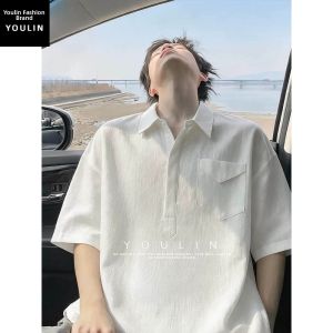 YOULIN | Thin Cotton Linen White Short-sleeve Mens Polo Shirt