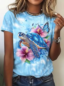 Light Blue Womens Tee - Blue Turtle & Hibiscus Graphic Tropical Beach Print Design for Casual Daily Wear