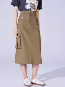 WANGGONGZHU | กระโปรงทรงเอผ้าฝ้ายสไตล์อเมริกันย้อนยุคสำหรับผู้หญิง ฤดูร้อน 2025 กระโปรงทรงเอยาวปานกลางแบบเปิดข้าง สไตล์ลำลอง สไตล์ย้อนยุค