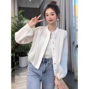 เสื้อคาร์ดิแกนกันแดดสีขาว ทรงหลวม บาง ระบายอากาศได้ดี สำหรับผู้หญิง ฤดูร้อน 2025 เสื้อเชิ้ตแขนยาวคอโปโล ทรงหลวม สไตล์สตรีท