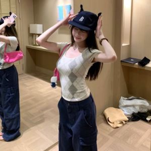 YUEZHONGWEI | Color-blocked Plaid Ice Silk Knit Straight Shoulder Slim Fit Summer T-Shirt
