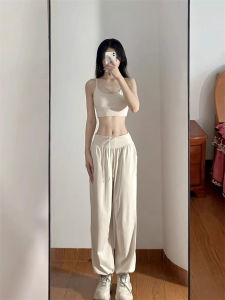 กางเกงขายาวทรงหลวมเอวสูงผ้าไหมน้ำแข็งแฟชั่นสำหรับผู้หญิง กางเกงยีนส์ทรงตรงลำลองสำหรับออกกำลังกาย โยคะ วิ่ง ฤดูร้อน 2024