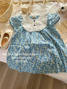 Spring Summer Floral Print Cotton Princess Dress for Girls Short Sleeve Childrens Fashion Sweet Skirt Korean Style A-Line Skirt