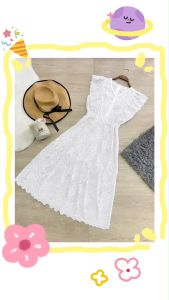 P6431 แม็กซี่เดรสลูกไม้คอวีช่วงแขนแต่งระบาย V-neck lace maxi dress with ruffled sleeves