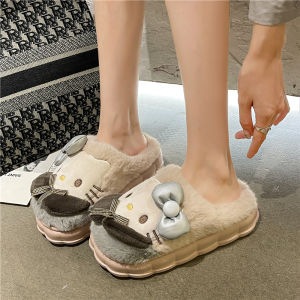 Cute Butterfly Knot Cat Cotton Slippers Womens Outdoor Wearable Anti-Slip Home Indoor Warm Plush Covered Head Slippers