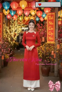 DX_ Áo dài cách tân set áo dài Tết thiết kế Gấm cổ yếm tay dài đính cườm nơ mix quần Phi dài