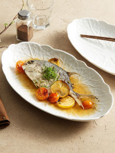 Elegant Ceramic Elliptical Steamed Fish Plate Creative Japanese Style Relief Design Home Use Luxury Sensation Diningware Plate