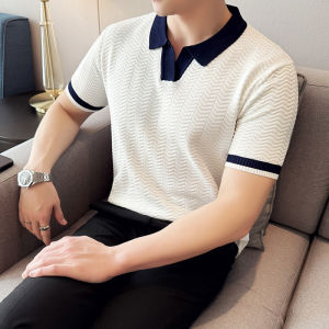 Áo Thun Polo Cổ Polo Tay Ngắn Dệt Kim Màu Tương Phản Cho Nam Mùa Hè Ôm Vừa Vặn Thời Trang Công Sở Bằng Lụa Băng Tay Lửng Paul