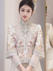 New 2025 Elegant Chinese Style Wedding Dress Heavy Embroidery Malay Bride Gown Fashionable Long Sleeve Polyester Fabric