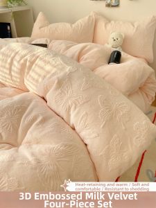 Kiss Dear | Thick Embroidered Milk Coral Fleece Bedding Set