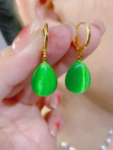 Fashionable Green Cats Eye Stone Waterdrop Earrings Womens New 2023 Anti-Loss Ear Studs Luxury Design Dangle Earrings