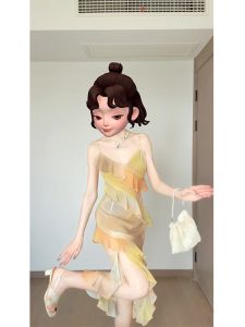 Womens French Style Beautiful Beach Vacation Gradient Yellow Strapless Dress Mid-Length Slim Fit Commute Pure Color No-Sleeve