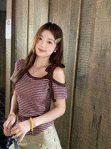 Áo Thun Nữ Tay Ngắn Kẻ Sọc Màu Hồng Mùa Hè Thiết Kế Ôm Vừa Vặn Hở Vai Cổ Tròn Tay Thường Vải Cotton Thấm Hút Mồ Hôi