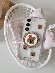 เคสโทรศัพท์ Samsung S23 Ultra S24 S25 Ultra แบบใสป้องกันการตกหล่นพร้อมขาตั้งแบบดูดซับแม่เหล็ก รูปหมีและพริกสีแดง ดีไซน์น่ารักสำหรับผู้หญิง