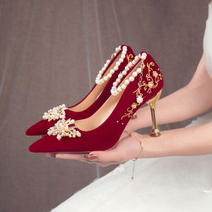 Red Engagement Shoes Wedding Dress Two-Way Wear High Heels Thin Heel Pregnant Women Honor Wine Clothes Elegant Pearl Diamond Decor