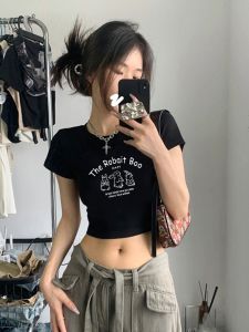 เสื้อยืดแขนสั้นผู้หญิงสีดำ ทรงเข้ารูป เทรนด์ฤดูร้อน สไตล์อเมริกันย้อนยุค พิมพ์ลาย เสื้อผ้าทำงานสไตล์เกาหลี คอตั้ง