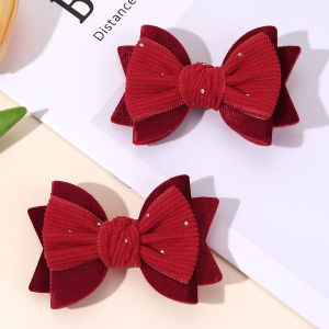 2Pcs Ribbed Velvet Bow Hair Clips Sparkling Rhinestone Hairpins Knot Bownot Barrette For Girls Kids Headdress Hair Accessories