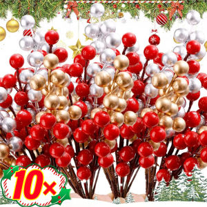 10ชิ้นกิ่งฮอลลี่เบอร์รี่ประดิษฐ์7/12หัวช่อดอกไม้ปลอมสีแดงทองอุปกรณ์ประดับงานแต่งแบบทำมือต้นคริสต์มาสตกแต่งงานเลี้ยงปีใหม่