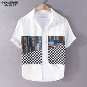 Summer Mens Plaid Patchwork Short Sleeve Cotton Casual Shirt Retro Design Color Block Trendy Half Sleeve Blouse for Youth