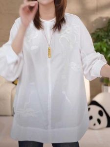 New Chinese Style Heavy Embroidery Long Sleeve round Neck Shirt Womens Loose White Anti-Aging Fashionable Spring New Arrival