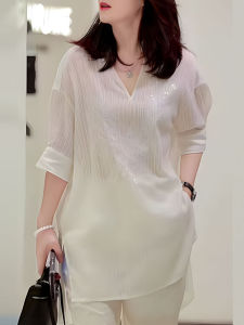 UYFY | เสื้อเชิ้ตแขนสั้นหลวมๆ สำหรับผู้หญิงไซส์ใหญ่ ทรงหลวมๆ ประดับเพชร แฟชั่นฤดูใบไม้ร่วง เสื้อยืดคอวี เสื้อผ้าทำงาน