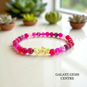 Gelang Manik Manik Striped Pink Agate Sulaiman Bracellet Pixiu Emas