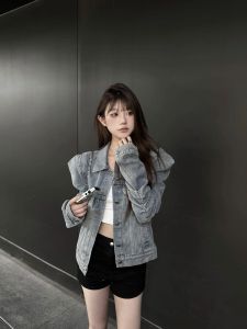 BUWAN STUDIO American Retro Design Heavy Washed Pleated Shoulder Short Jeans Jacket Womens Casual Style Long Sleeve Loose Fit
