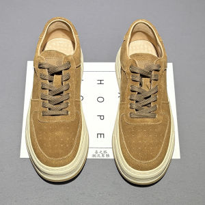 Brown Leather Skate Shoes Mens Casual round Toe Thick Bottom Versatile Retro Trendy Breathable Rubber Outsole Flannel Lining