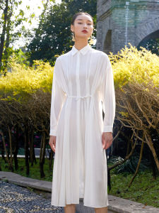 Fashionable Shirt-Style Slimming White Dress Designer Silk Crepe Spring Autumn New Folded Waist Small Designer Long Skirt