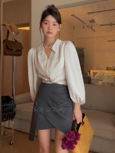 French Style Fancy White Chiffon Shirt Female Spring & Fall Stylish Twist Asymmetrical Waist Trimming Short Elegant Tops
