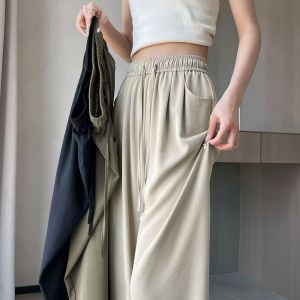 Ice Silk Wide Leg Pants High Waist Drapery Slender Quick Dry ThinSummer Womens Casual Trousers Fashion Stylish Regular Length