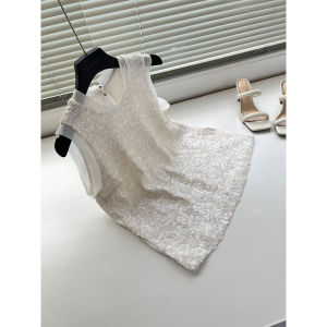 Shiny Bead Hollow out Backless Vest Top Womens Fashion Ageless Sleeveless Summer Tank Top Wooden Edge Trim Polyester Blend