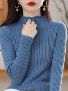 WANGGONGZHU | Slim Fit Half High Neck Knitted Base Shirt Women Autumn Winter New Fashion Pure Cotton Overhead Korean Style Long Sleeve Sweater