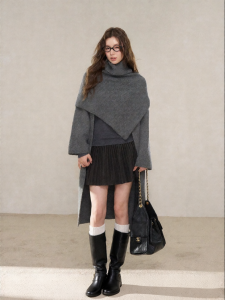 YIKEXIAOYEMEI | Áo Khoác Tweed Xám Trung Dài cho Phụ Nữ Mùa Đông