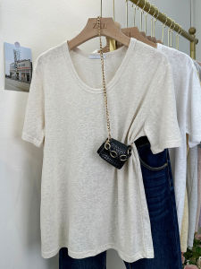 เสื้อยืดคอวีแขนสั้นหลวมๆ สีเทาเข้มสำหรับผู้หญิงในช่วงฤดูร้อนปี 2024 เสื้อคอกลมแขนสั้นทรงหลวมๆ สไตล์เกาหลี