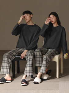 Bộ Đồ Ngủ Cotton Nguyên Chất Cho Cặp Đôi Mùa Xuân Thu Tay Dài Cổ Tròn Mặc Ở Nhà Quần Dài Thoải Mái Thoáng Khí