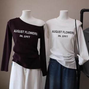 American Style Long Sleeve T-Shirt Womens Early Autumn New Waist Slim Split Base Shirt Shoulder Exposure Top Cotton Material