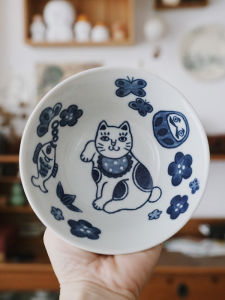 Lucky Cat Rice Bowl Porcelain Underglaze Open Mouth Soup Bowl Wheat Bowl Japanese Style Ceramic Dishware for Home Use