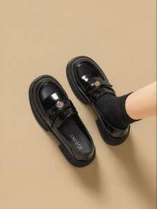 Josiny | Thick Sole Loafers Black JK Small Shoes With Camellia Flower