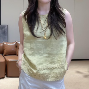 Shalldoer | New Chinese Style Retro Embroidered Lace Round Neck Sleeveless Vest Womens Fashionable Summer Top Loose Fit Casual Wear