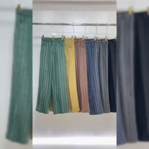 กางเกงขายาวเอวสูง ทรงกระบอกหญิง ผ้าไมโคร ผ้าทอริ้ว สีพื้น รุ่น IR089 เสื้อผ้า Clothing Women Pants