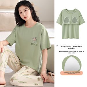 miiow | Pure Cotton Short Sleeve Sleepwear Set For Women Breathable Thin Home Clothes Youth Casual Round Neck Cartoon Print Pajamas