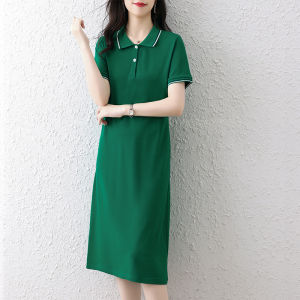 Pure Cotton Long T-Shirt Dress Women Short Sleeve Knee-Length Polo Collar Loose Slimming Sport Casual Simple Knitted Dress
