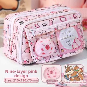 Pink Capybara Printed Girls School Pencil Case Super Large Capacity
