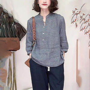 plus Size Womens Shirt Grey Loose Slimming Cotton Linen Stand Collar Korean Style Commute Applicable for All Body Types
