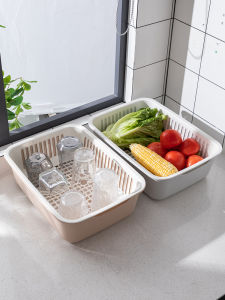 Double-Layer Vegetable Washing Basket Drain Basket Large Plastic For Home Washing Fruit Plate Kitchen Rectangular Washing Basin Dinnerware Rack