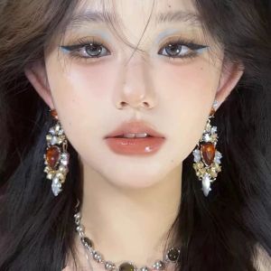 Exaggerated Vintage Champagne Colored Full Diamond Earrings Luxury Heavy Work Waterdrop Dangle Earrings Ins Style Stud Earrings