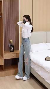 Light Blue Women's Wide Leg Jeans: High-Waist Micro Stretch Denim Pants Embroidered Straight Trousers Size 26-31